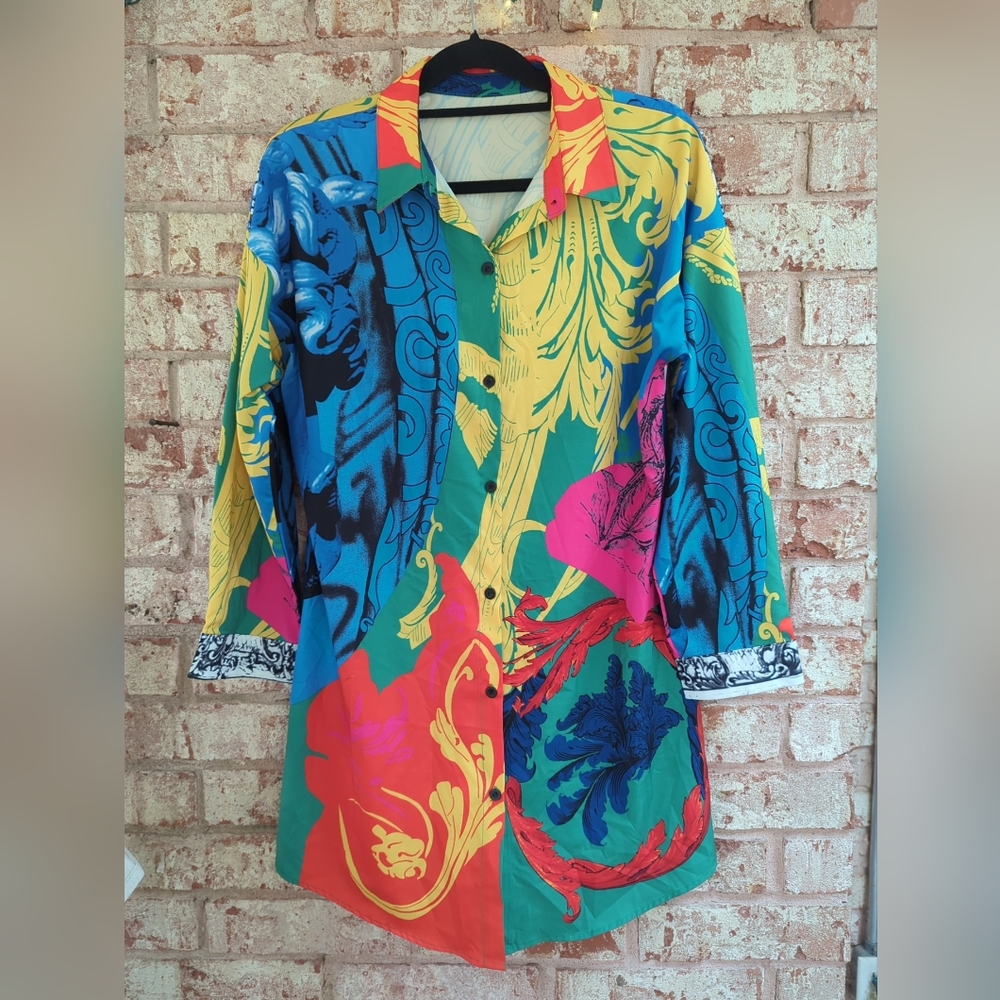 Colorful Print Button Up Collar Long Shirt Dress Blouse Mini Dress size M
